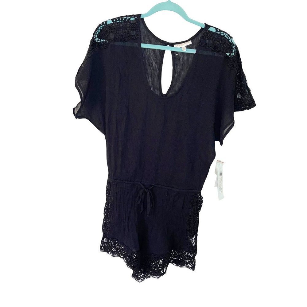 La Blanca Swim Coverup Romper Womens Size Small S Black Cotton Crochet Trim NWT
